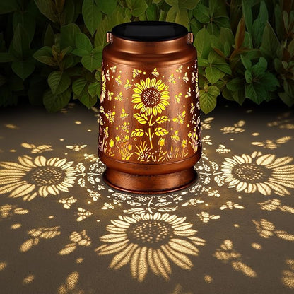 Solar Lantern Outdoor Hanging Waterproof Outside Metal Openwork Hummingbird Pattern Birthday Gifts for Women Mom Landscape Lights for Porch Garden Yard Patio Pathway Decor(Sunflower + Bee)