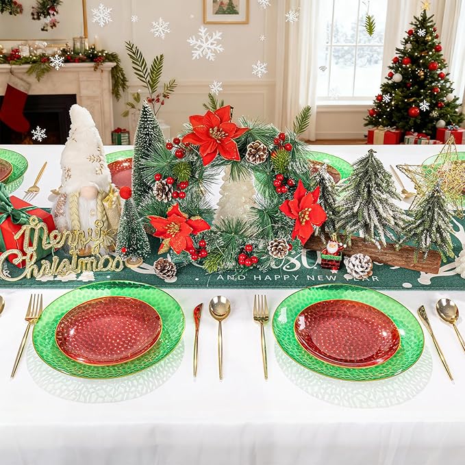 Rubtlamp 60 Pcs Christmas Plasitc Plates, Clear Green Red Plastic Plates With Gold Rim, Red Green Hammered-design, Include 30 Red Dessert Platos, 30 Green Dinner Platos, Perfect For Christmas