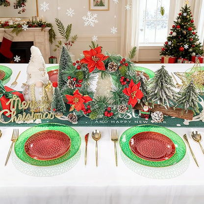 Rubtlamp 60 Pcs Christmas Plasitc Plates, Clear Green Red Plastic Plates With Gold Rim, Red Green Hammered-design, Include 30 Red Dessert Platos, 30 Green Dinner Platos, Perfect For Christmas