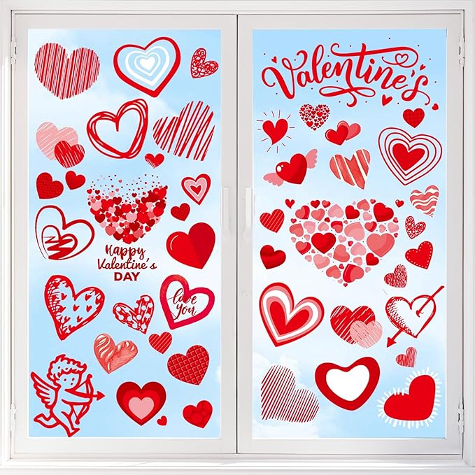 Valentines Day Window Clings Decorations, Red Heart Stickers Decor, Happy Valentine's Cupid Gifts for Home Office Kids Classroom, Pink Wedding Romantic Decals Décor, 9 Sheets