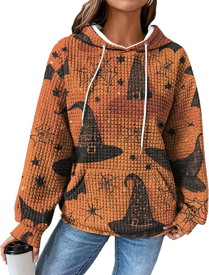 Halloween Sweatshirts for Women Novelty Graphic Drawstring Waffle Hoodies Loose Casual Pullover Tops with Pocket