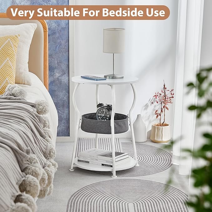Small Round Side Table with Storage Bag, 3-Tier Accent Round End Table with Storage Shelves for Living Room, 21.6" H Vintage Small Corner Table for Smalls Spaces (D - 15.8 in White)