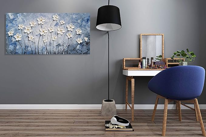 YHSKY ARTS 3D Hand - Painted White Floral Wall Art with Printed Blue Background, Textured Flower Decor for Home