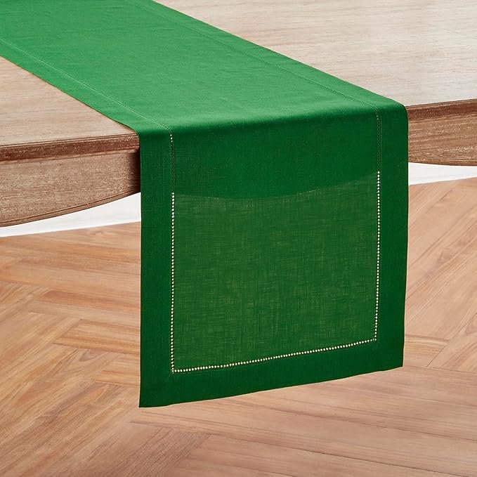 Solino Home Linen Table Runner 60 Inches - 100% Pure Linen Garden Green Hemstitch Table Runner 14 x 60 Inch Ideal for Dresser and Coffee Tables - Classic Hemstitch - Christmas, Winter