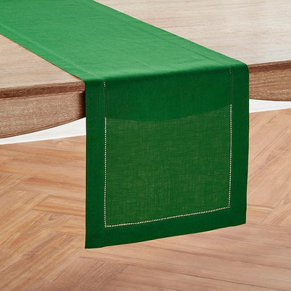 Solino Home Linen Garden Green Table Runner 144 Inches Long - 100% Pure Linen Extra Long Table Runner 14 x 144 Inch for Christmas, Winter - Classic Hemstitch