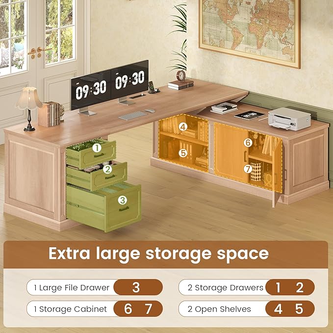 SEDETA Farmhouse L Shaped Desk with Drawers, 70.9" Home Office Desk with Storage Cabinet and Storage Shelves, L Shaped Computer Desk with Power Outlet，Oak