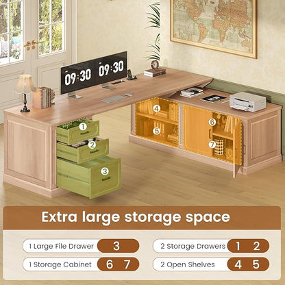 SEDETA Farmhouse L Shaped Desk with Drawers, 70.9" Home Office Desk with Storage Cabinet and Storage Shelves, L Shaped Computer Desk with Power Outlet，Oak