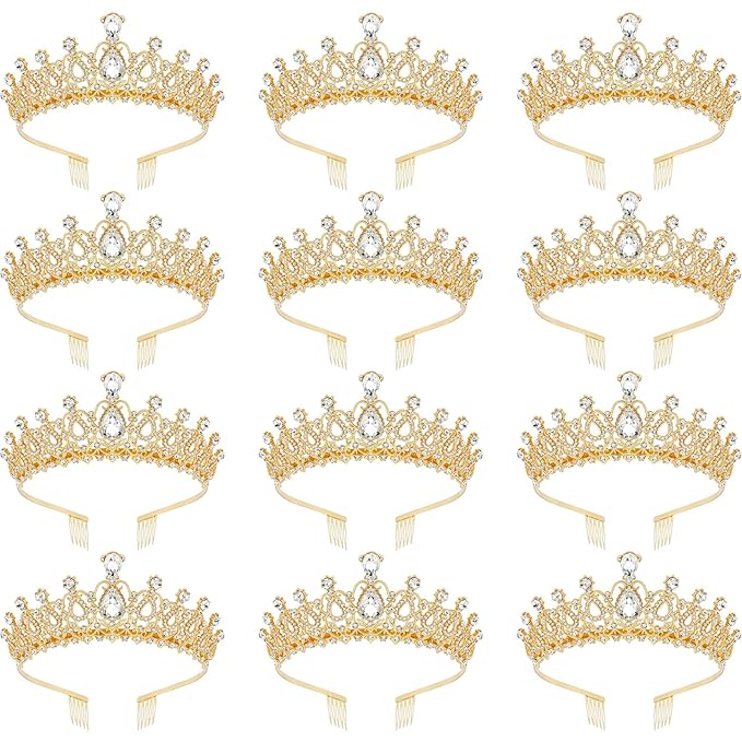 CIEHER 12 PCS Gold Crowns for Women, Crystal Queen Crown Princess Tiaras for Prom Birthday Party Halloween Costume