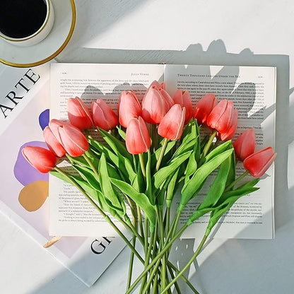 ONLY ART Artificial Coral Tulips 20 Pcs – 13.5 Inch PU Faux Flowers with Bendable Stems for Home Décor, Wedding Centerpieces, DIY Floral Arrangements, Table Decorations
