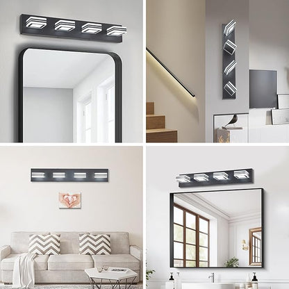 4 Light Bathroom Square Shape Vanity Light Over Mirror Modern 25.6in Led Vanity Light Fixture Lights for Bath Dimmable Matt Black