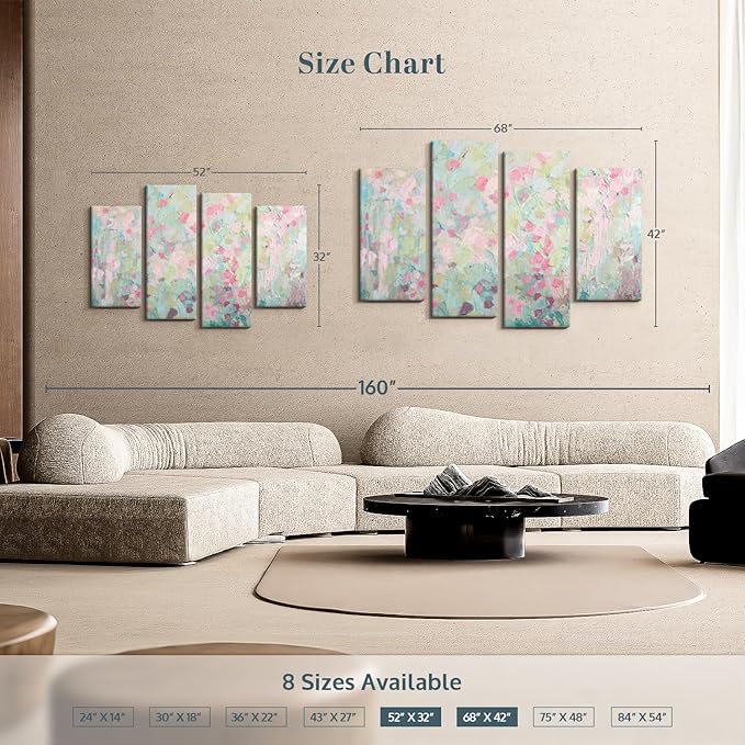 Elephant Stock Dancing Sakura Tree Wall Art - Horizontal Canvas - 4-Piece Living Room Wall Decor - Painting Abstract Canvas Print - Pink and Blue Decor for Wall by Ann Marie Coolick - 68" X 42"
