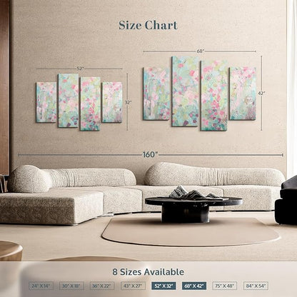 Elephant Stock Dancing Sakura Tree Wall Art - Horizontal Canvas - 4-Piece Living Room Wall Decor - Painting Abstract Canvas Print - Pink and Blue Decor for Wall by Ann Marie Coolick - 68" X 42"