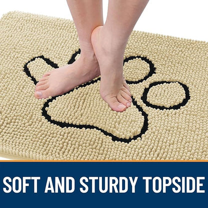 OLANLY Dog Door Mat for Muddy Paws 30x20, Paw Print Design, Absorbs Moisture and Dirt, Absorbent Non-Slip Washable Doormat, Quick Dry Chenille Mud Mat for Dogs, Entry Indoor Entryway Carpet, Sand