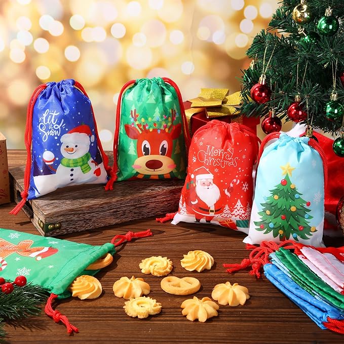 Xuniea 24 Pcs Christmas Party Favors Bags for Kids Drawstring Backpack Santa Claus Goodies Snack Treat Gift Bags Presents Wrapping for Xmas Winter Holiday Birthday Party (5.1 x 7.1 Inch)