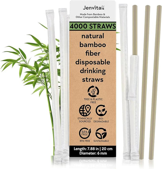Jenvita Bamboo Powder Eco Friendly Straws (4000-Pack) - 7.88" Individually Wrapped Biodegradable Plant Based Straws | 100% Compostable | Durable & Disposable | Made for Hot & Cold Drinks