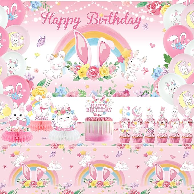 Pink Bunny Birthday Party Decorations for Gilrs - Rabbit Party Supplies including Happy Birthday Backdrop, Spirals, Cake Toppers, Table Centerpieces, Balloons (BJ)