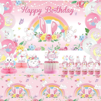 Pink Bunny Birthday Party Decorations for Gilrs - Rabbit Party Supplies including Happy Birthday Backdrop, Spirals, Cake Toppers, Table Centerpieces, Balloons (BJ)
