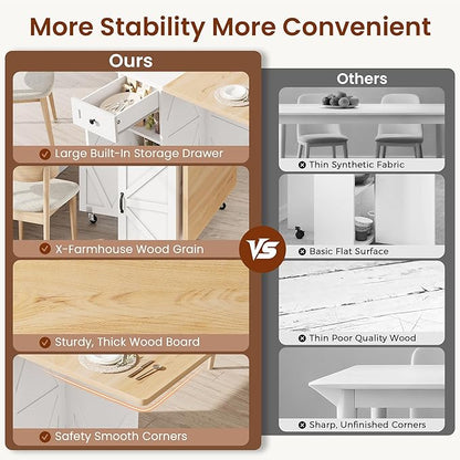 Space Saving Folding Dining Table for 4, Farmhouse Foldable Dining Table with Drawer and Storage Shelf, 6 Wheels Multipose Expandable Kitchen Drop Leaf Table for Small Space (Pear Wood White)