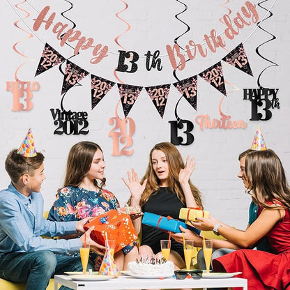 13th Birthday Decorations for Girls, Black Rose Gold Happy 13th Birthday Banner Hanging Swirls Vintage 2012 Birthday Decorations Kit Hello 13 Party Supplies