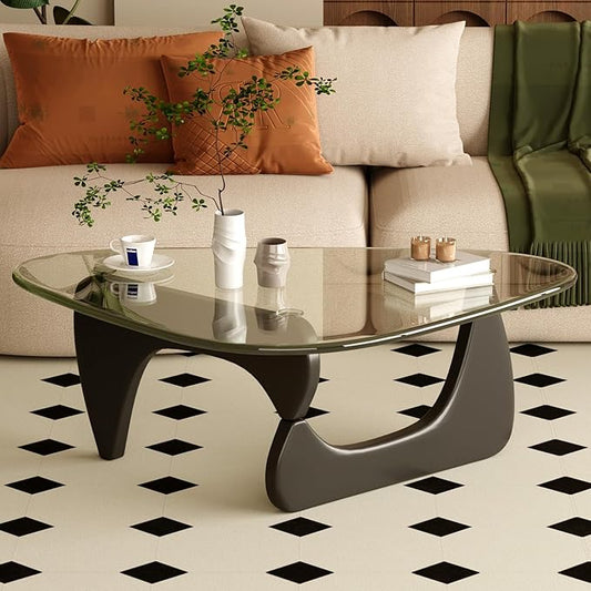 Coffee Table for Living Room Mid Century Modern Center Table with Glass Top, Black/Transparent