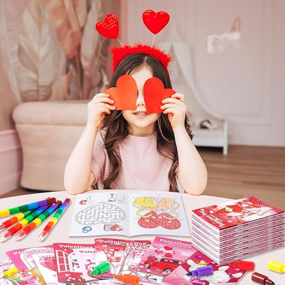 BenLouis 24 Valentines Day Mini Coloring Books Kids with 24 Stacking Crayons Valentines Day School Party Favors Activity Books Bulk for Kids Valentine's Day Goodie Bag Gift Stuffer Classroom Reward