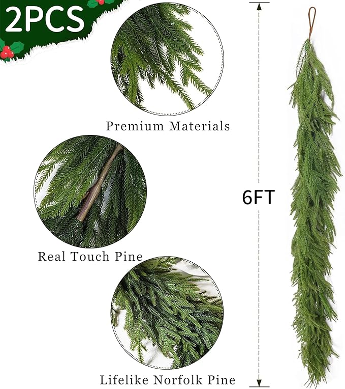 12 FT 2 Pcs 6 Ft Artificial Norfolk Pine Christmas Garlands, Realistic Winter Pine Garland, Green Artificial Greenery Garland for Mantle, Wall, Table,Fireplace,Indoor, Outdoor Christmas Decorations