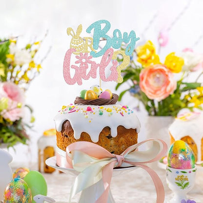 1Pc Happy Easter Boy or Girl Cake Topper Blue Pink Glitter Rabbit Bunny Gender Reveal Cake Food Pick Bunny Cake Decorations for Happy Easter Themed Baby Shower Kids Birthday Party Supplies