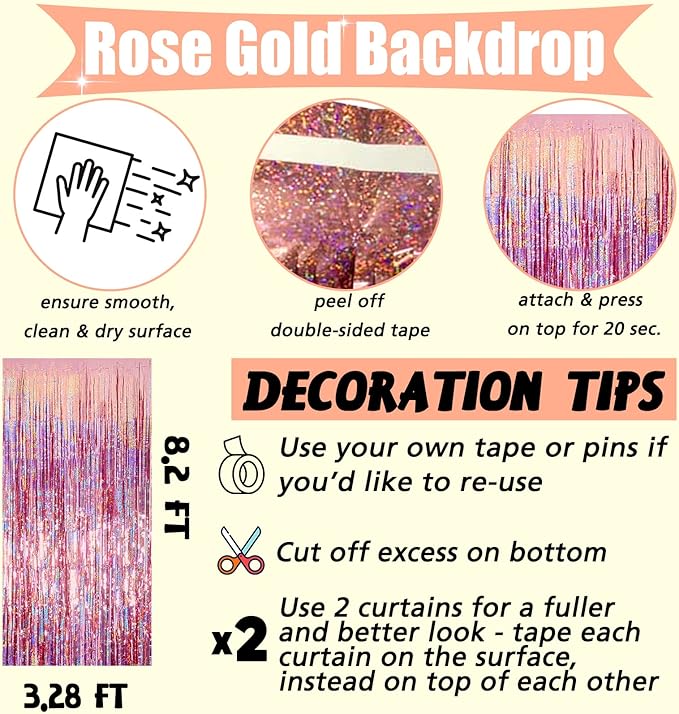 4 Pack Rose Gold Fringe Curtain Backdrop, 3.2Ft x 8.2Ft Sparkle Metallic Tinsel Foil Fringe Streamers Background for Photo Booth Birthday Wedding Baby Shower Party Thanksgiving Christmas Decorations