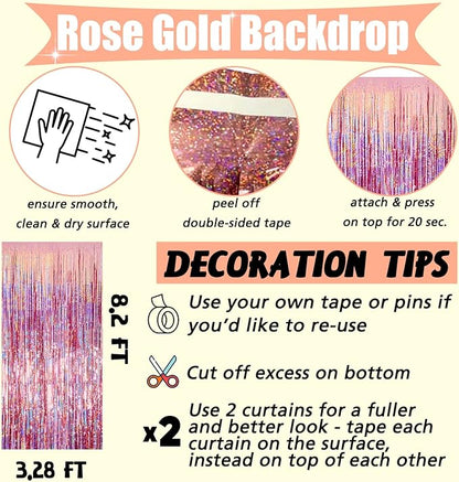 4 Pack Rose Gold Fringe Curtain Backdrop, 3.2Ft x 8.2Ft Sparkle Metallic Tinsel Foil Fringe Streamers Background for Photo Booth Birthday Wedding Baby Shower Party Thanksgiving Christmas Decorations