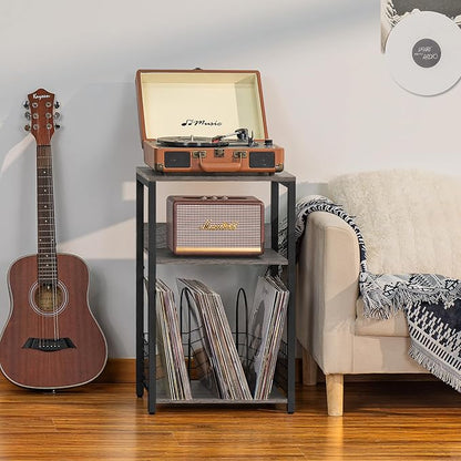 LELELINKY 3 Tier End Table,Record Player Stand with Storage Up to 100 Albums, Turntable Stand for Vinyl, Walnut Couch Nightstand Side Tables for Living Room Bedroom