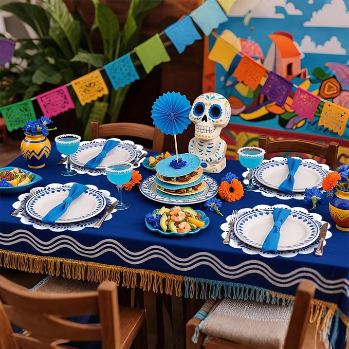 100 Pcs Talavera Paper Placemats 13.5 Inches Scalloped Cantaritos De Barro Mexicanos Paper Placemats Disposable Blue and White Party Decorations for Mexican Wedding Baby Shower Party Decor
