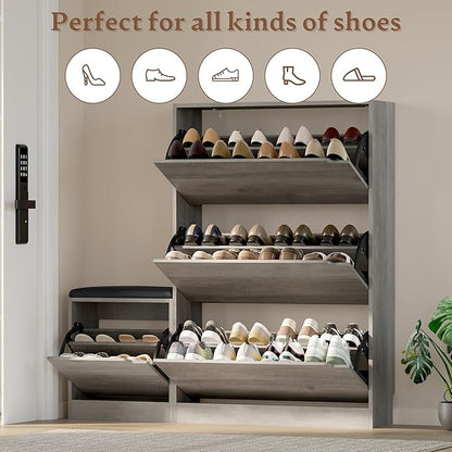 Shoe Cabinet with Bench and 3 Flip Drawers, Slim Narrow Shoe Storage Cabinet, Freestanding Shoe Rack Organizer with Adjustable & Removable Shelves, Anti-Tip for Entryway, Hallway, Foyer