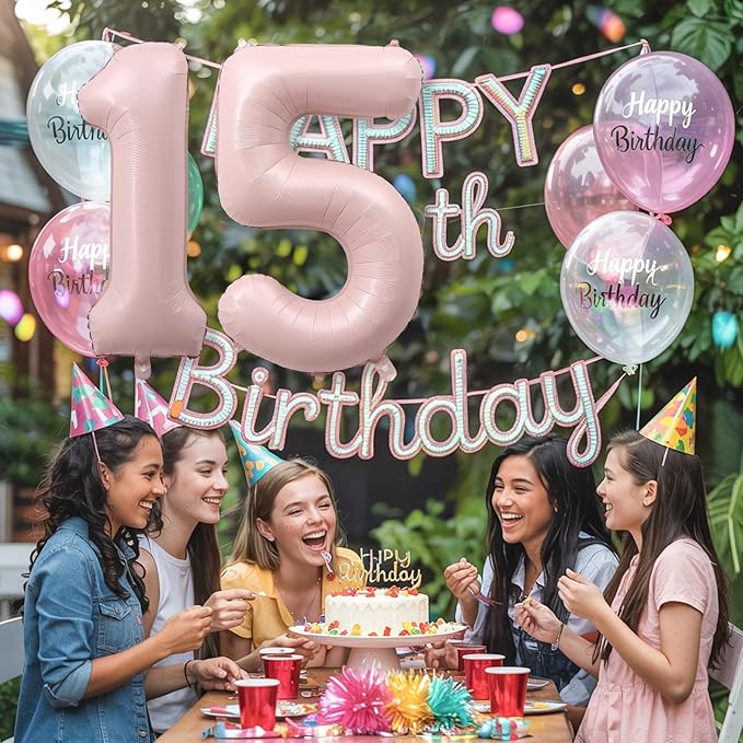 Light Pink Sweet 15th Birthday Balloon for Girls, 40 Inch Self Inflating Mylar Number 15 Balloons, Big Blush Pastel Pink Foil 1 & 5 Helium Balloon 15 for Coquette 15th Birthday Party Decorations