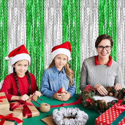 4 Pack Silver Green Fringe Curtain Backdrop 3.2Ft x 8.2Ft Metallic Tinsel Foil Fringe Streamers Background for Photo Booth Mother's Day, Easter, Carnival, Birthday, Wedding Party Decoration