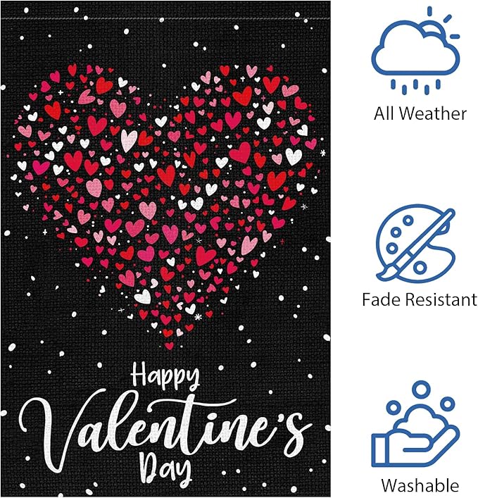 Heyfibro Happy Valentine's Day Garden Flag 12 x 18 Inch Double Sided Burlap, Love Heart Yard Flag Valentine’s Party Supplies for Anniversary Wedding Home Outdoor Decoration (ONLY FLAG)