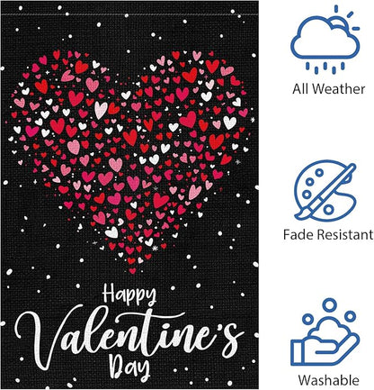 Heyfibro Happy Valentine's Day Garden Flag 12 x 18 Inch Double Sided Burlap, Love Heart Yard Flag Valentine’s Party Supplies for Anniversary Wedding Home Outdoor Decoration (ONLY FLAG)