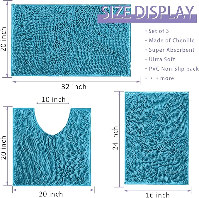 RUN HELIX Teal Blue Bathroom Rugs Bath Mats for Chenillen Rug Set 3 Piece Non-Slip Mats, Absorbent Shaggy Rugs, Machine Wash, Perfect Plush Carpets Set, 16〞x24〞&20〞x32〞&20〞x20〞U Shape