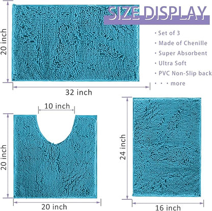 RUN HELIX Teal Blue Bathroom Rugs Bath Mats for Chenillen Rug Set 3 Piece Non-Slip Mats, Absorbent Shaggy Rugs, Machine Wash, Perfect Plush Carpets Set, 16〞x24〞&20〞x32〞&20〞x20〞U Shape