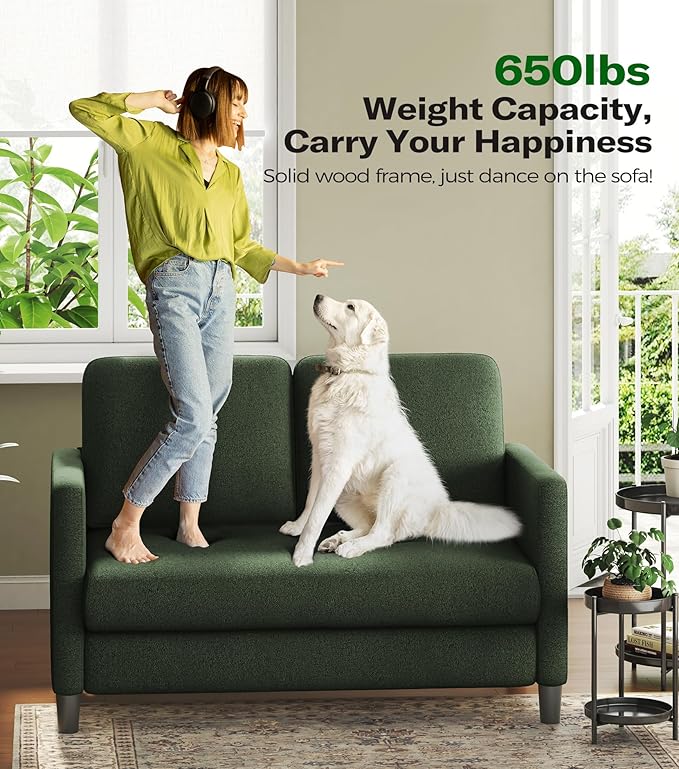 Loveseat Sofa, 51" Love Seat, Comfy Teddy Small Loveseat for Small Spaces, Tool-Free Setup Couch for Bedroom, All-Wood Couches for Living Room, No Pillow Included, Green