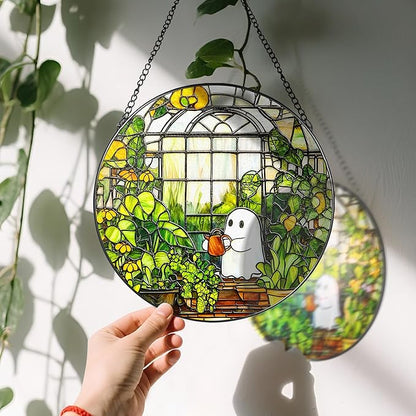 8'' Halloween Ghost Greenhouse Sun Catcher Ornament, Stained Glass Window Hanging, Sun Catchers for Windows Hanging Ornaments, Window Decor, Holiday Present, Ideal Gift | Plant Lovers Gifts