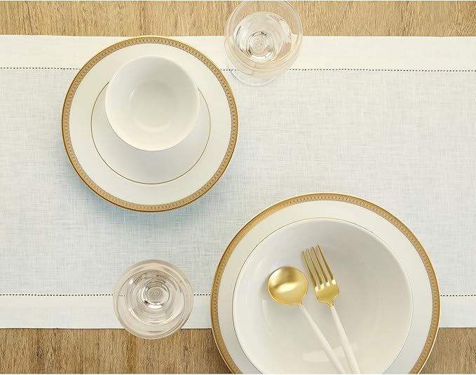 Solino Home Linen Ivory Table Runner 90 Inches Long - 100% Pure Linen Hemstitch 14 x 90 Inch Table Runner for Dining, Fall, Autumn, Christmas, Holiday, New Year - Classic Hemstitch