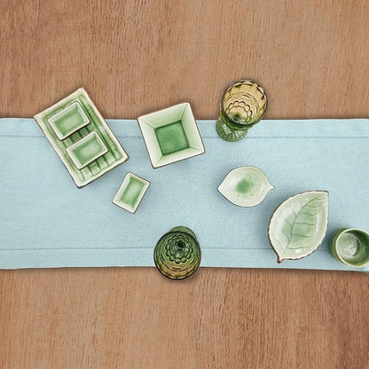 Solino Home Linen Aqua Blue Table Runner 60 Inches - Classic Hemstitch, 100% Pure Linen Coffee Table Runner 14 x 60 Inch Ideal for Dresser Tables