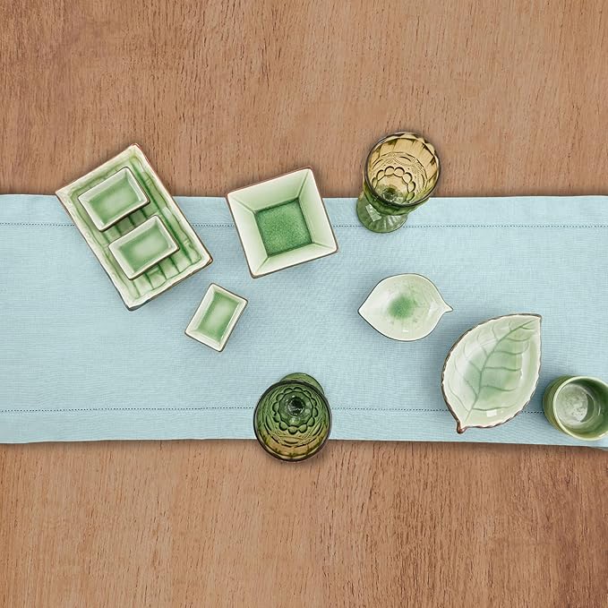 Solino Home Linen Aqua Blue Table Runner 144 Inches Long - 100% Pure Linen Extra Long Table Runner 14 x 144 Inch for Christmas, Holiday, New Year - Classic Hemstitch