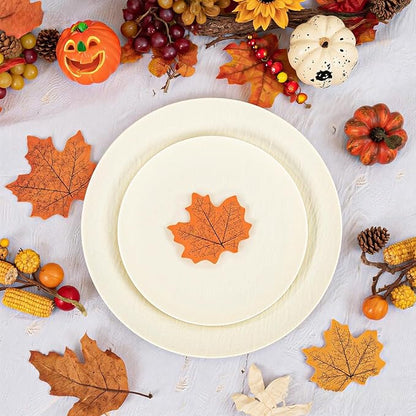 WONDERFUL 32pcs Heavy Duty Plastic Plates Reusable Unbreakable & Dishwasher safe Ivory Plastic Plates Dishes Set Wedding Plate Frosted Design Includes:16 Dinner 10" and 16 Dessert Plate 7.3"