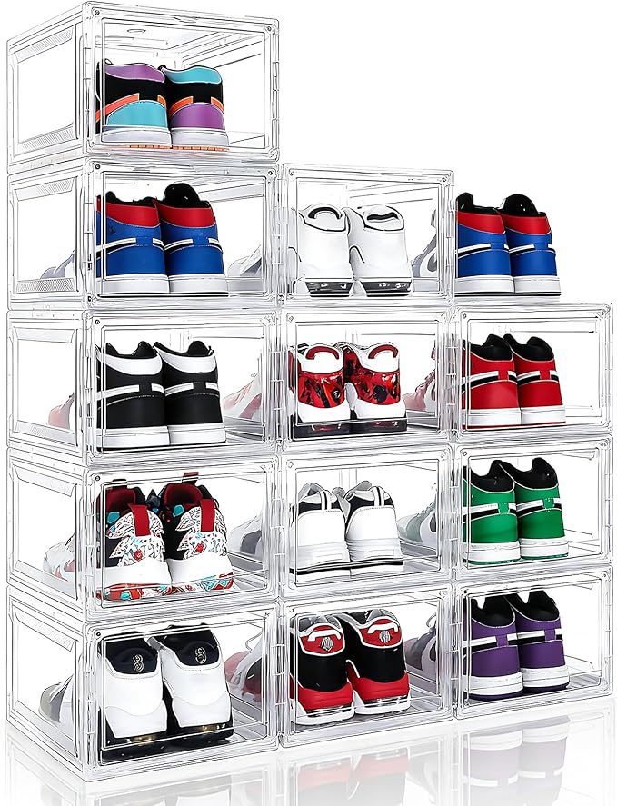 Acrylic Shoe Storage Boxes with Magnetic Door - 360° Clear Stackable Shoe Display Box Set, Plastic Shoe Cabinet Rack Box for Sneakers Heels Shoes (1, Clear, L - Front Open)