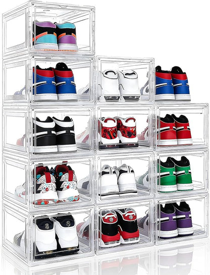 Acrylic Shoe Storage Boxes with Magnetic Door - 360° Clear Stackable Shoe Display Box Set, Plastic Shoe Cabinet Rack Box for Sneakers Heels Shoes (1, Clear, L - Front Open)