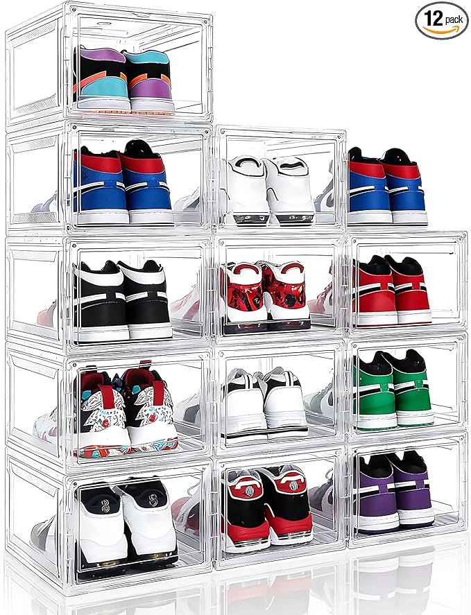 Acrylic Shoe Storage Boxes with Magnetic Door - 360° Clear Stackable Shoe Display Box Set, Plastic Shoe Cabinet Rack Box for Sneakers Heels Shoes (12, Clear, L - Front Open)