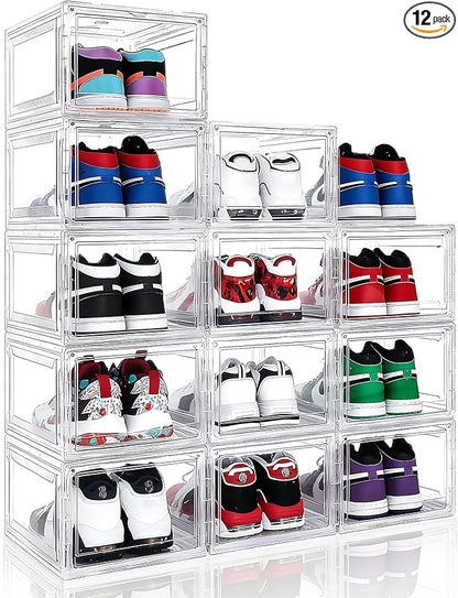 Acrylic Shoe Storage Boxes with Magnetic Door - 360° Clear Stackable Shoe Display Box Set, Plastic Shoe Cabinet Rack Box for Sneakers Heels Shoes (12, Clear, L - Front Open)