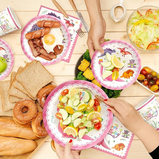 96pcs Pink Dinosaur Birthday Plates, Dinosaur Themed Paper Plates and Napkins,Cups Disposable Tableware Set for 24 Guests Baby Shower Picnic Kids Girls Birthday Party Supplies Decorations