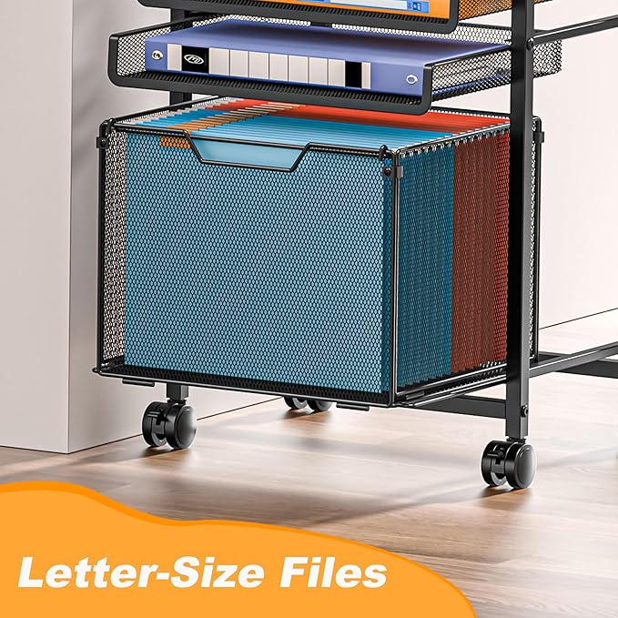 Rolling File Cart 5-Tier, Under Desk Cabinet with Sliding Metal Mesh Trays for Binder Storage, Utility Cart Printer Stand with Wheels for Letter-Size File Storage, for Office & Homeschool Organization